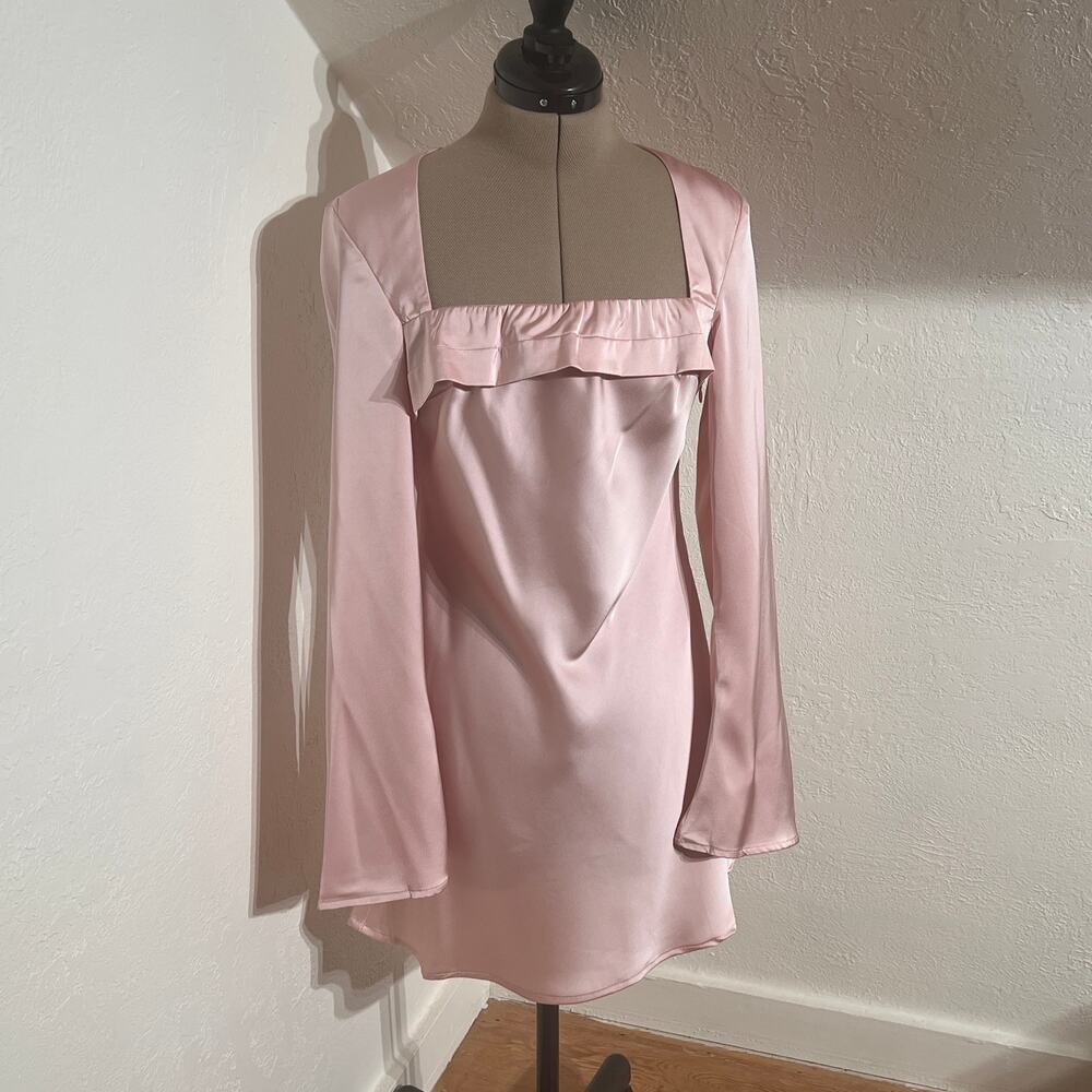 NWT Princess Polly Pink Satin Mini Dress Size 6 Long Sleeve Square Neck